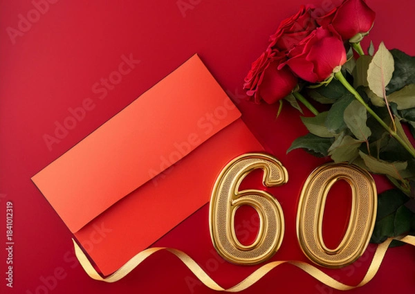 Obraz 還暦祝い 60歳　薔薇と赤いギフトイメージ