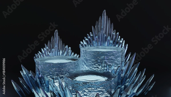 Fototapeta Crystal Ice Crown with Blue Icicles Surrounding Frozen Platforms in Dark Studio Glistening Backdrop.