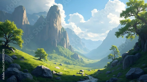 Obraz Serene Mountain Valley Landscape with Lush Green Hills, Towering Cliffs, and a Winding Stream under a Bright Blue Sky.