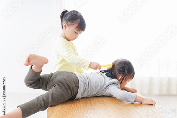 Obraz 美容師ごっこをする二人の子供