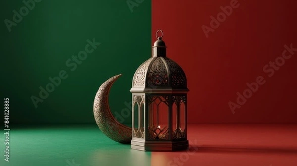 Obraz Metallic Lantern And Crescent Moon On Divided Green And Red Background Festive Display