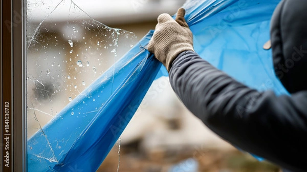 Obraz 割れた窓ガラスをブルーシートで応急処置する災害対応の様子