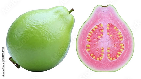 Fototapeta Whole Green Guava Fruit and Half Pink Guava Fruit Showing Seeds Against Black Background Isolated Tropical Food Healthy Eating