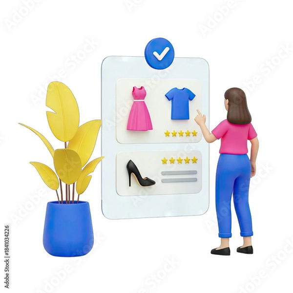 Fototapeta Woman Browsing Online Clothing Store Displaying Pink Dress Blue TShirt Black Heels with Star Ratings on Transparent Background