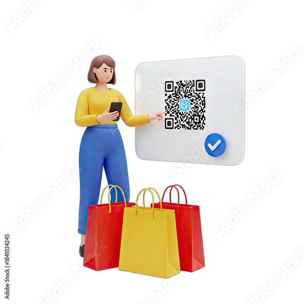 Fototapeta Woman Holds Smartphone Near QR Code Displaying a Checkmark and Shopping Bags Ready for Purchase Online Shopping Concept and Mobile Payment