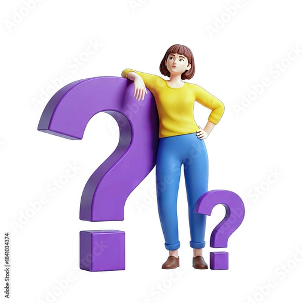 Fototapeta Woman Leaning on Large Purple Question Mark Pondering a Query Beside a Smaller Question Mark Isolated on Transparent Background