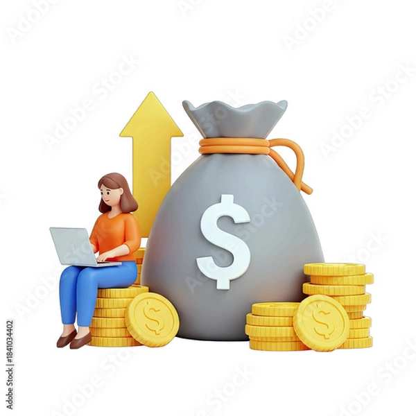 Fototapeta Woman with Laptop Sits on Coins Next to Money Bag and Upward Arrow Symbolizing Financial Growth and Investment Success