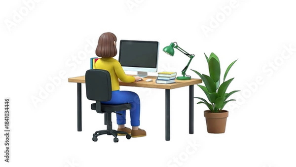 Fototapeta Woman Working At Desk With Computer Lamp And Plant On Transparent Background