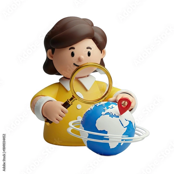 Fototapeta Woman With Magnifying Glass Examining Globe With Location Pin And Rings Around Planet Representing Search Or Navigation Concept In 3D Render