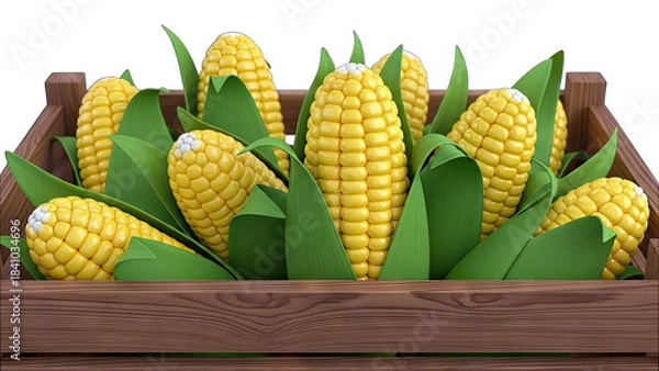 Fototapeta Wooden Crate Overflowing With Ripe Yellow Corn On The Cob And Green Leaves With A Transparent Background