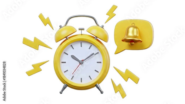 Fototapeta Yellow Alarm Clock Ringing With Notification Bell Symbol And Lightning Bolts On A Black Background