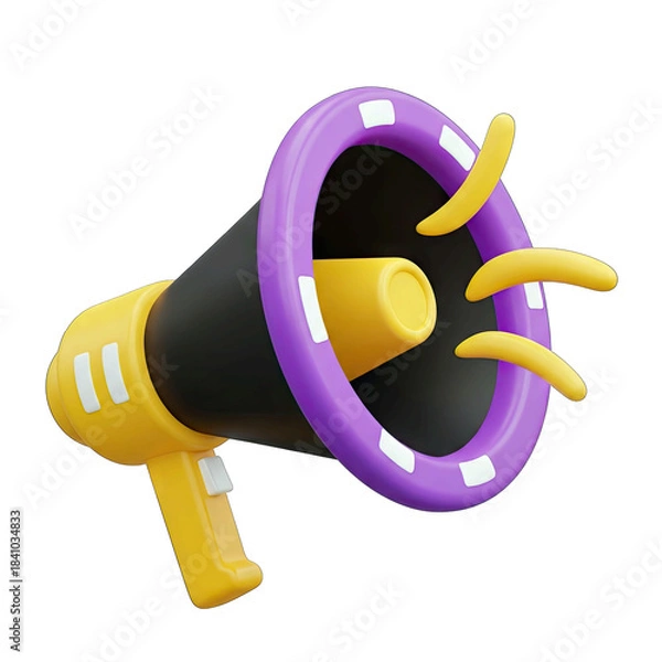 Fototapeta Yellow and Purple Megaphone with Sound Waves Emanating on a Transparent Background Ideal for Announcing or Promoting