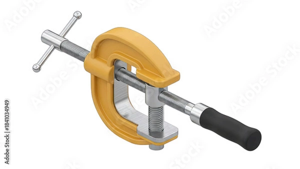 Fototapeta Yellow C Clamp Tool On Black Background Showing Adjustable Screw Mechanism With Black Rubber Grip And Metal Hardware For Industrial Use