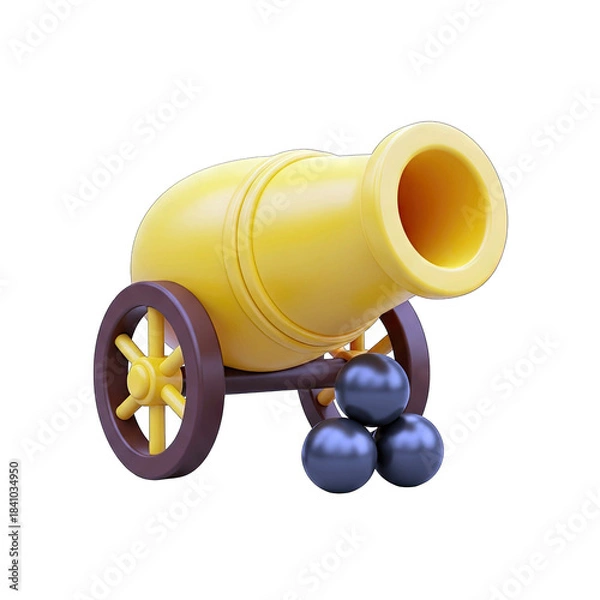 Fototapeta Yellow Cannon with Round Cannonballs on a Transparent Background Ready for Action