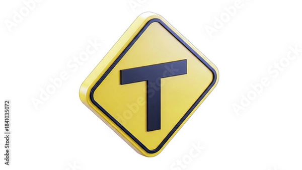 Fototapeta Yellow Diamond Shaped T Junction Road Sign With Black Border And Shadow Against Transparent Background Warning Of Intersection Ahead Traffic Safety Symbol