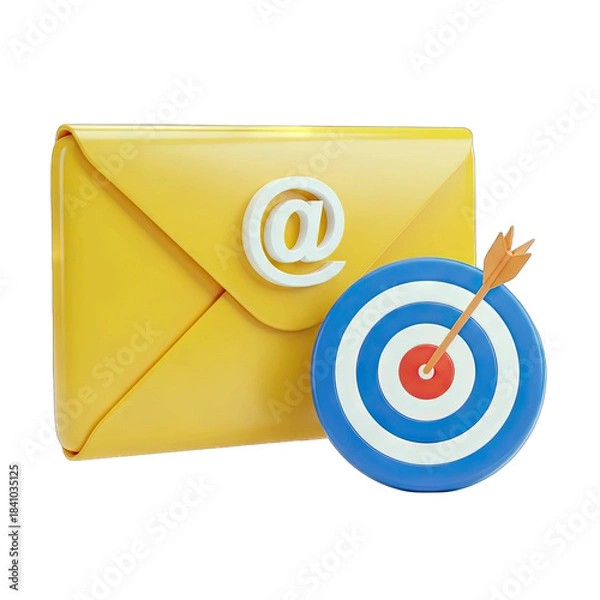 Fototapeta Yellow Email Envelope With At Symbol and Target Bullseye with Arrow Symbolizing Marketing Strategy and Communication Goals