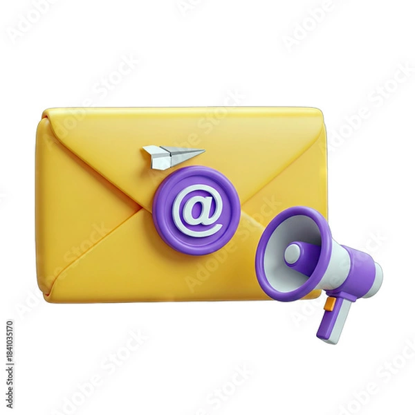 Fototapeta Yellow Envelope Icon with Purple '@' Symbol and Megaphone Illustration on Transparent Background
