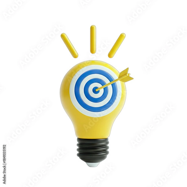 Fototapeta Yellow lightbulb conceptual illustration with target and arrow symbolizing idea generation and goal achievement on transparent background