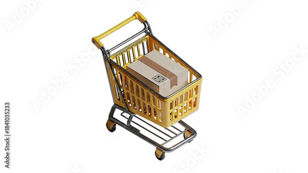Fototapeta Yellow Metal Shopping Cart Filled With Cardboard Box Isolated On Black Background Studio Shot High Angle View