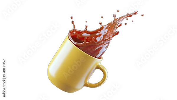 Fototapeta Yellow Mug With Chocolate Splash Frozen In Mid Air Against Black Background Dynamic Motion Abstract Beverage Pouring