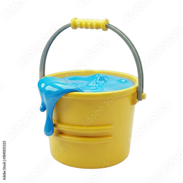 Fototapeta Yellow plastic bucket filled with vibrant blue liquid spilling over the sides with a metallic handle and a plain transparent background a whimsical and fun visual metaphor