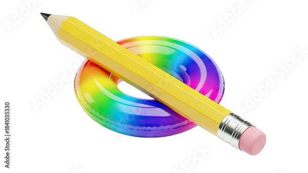 Fototapeta Yellow Pencil Resting On A Vibrant Rainbow Ring With A Transparent Background