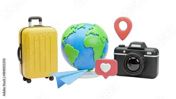 Fototapeta Yellow Rolling Suitcase Globe Camera Location Pin Paper Airplane and Heart Like Icon on Transparent Background for Travel and Social Media