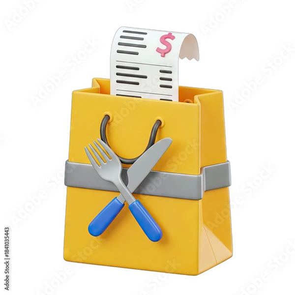 Fototapeta Yellow Shopping Bag with Receipt and Crossed Fork and Knife Symbolizing Food Delivery or Takeout Service on Transparent Background 3D Render