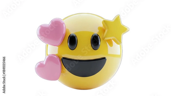 Fototapeta Yellow Smiley Face Emoji With Pink Hearts And Yellow Star Against Transparent Background Expressing Joy And Affection