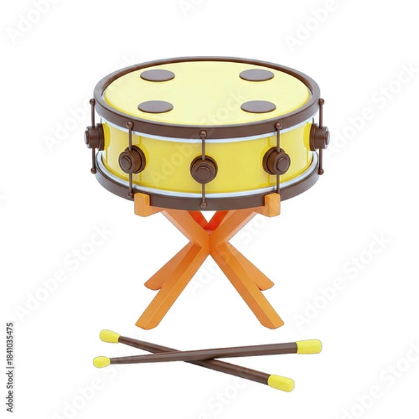 Fototapeta Yellow Snare Drum with Brown Accents on an Orange X-Style Stand with Drumsticks on a Transparent Background