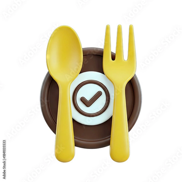 Fototapeta Yellow Spoon and Fork on Brown Plate with White Center and Checkmark Symbol Isolated on White Background