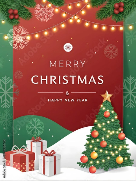 Fototapeta Christmas Greeting Card, Decorated Tree with Gifts, Snowflakes & Holiday Message. Merry Christmas & Happy New Year Card. Red & Green Panels with Tree, Gifts & Snowflake Decorations. 