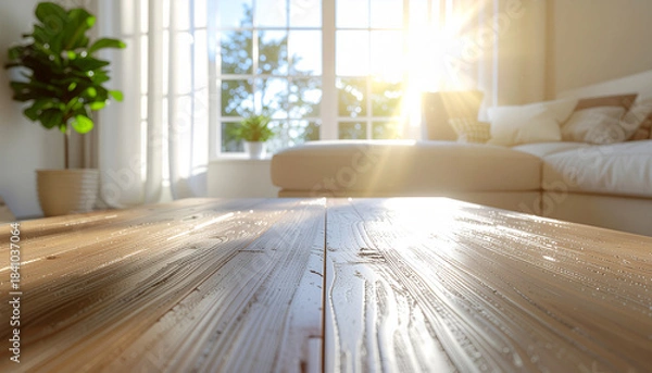 Fototapeta empty coffee table in bright room with strong diagonal sunbeam cutting across