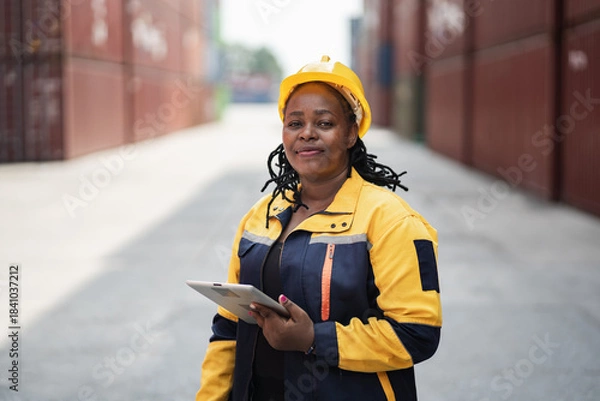 Obraz Portrait African woman logistics workers use notebook computer and walkie talkie checking container	