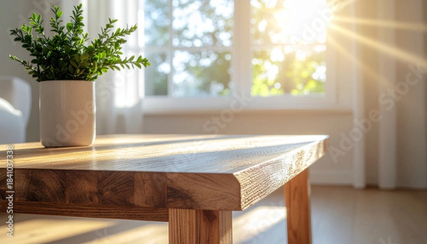 Fototapeta minimal wooden coffee table hit by warm sunlight coming diagonally through window