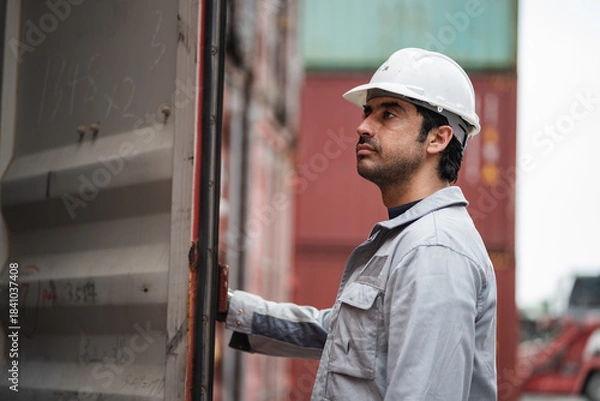 Obraz Man logistics workers use tablet computer with container background	