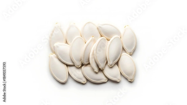 Obraz Group of natural pumpkin seeds in their protective white shells, presented cleanly on a bright background