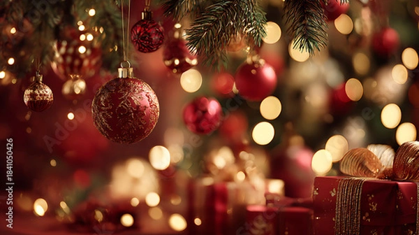 Obraz Luxurious Christmas background with red ornaments, golden gifts, and festive lights. warm, joyful atmosphere