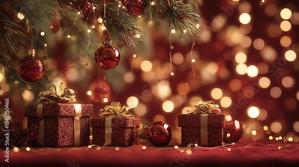 Obraz Luxurious Christmas scene with red velvet backdrop, gifts, and ornaments