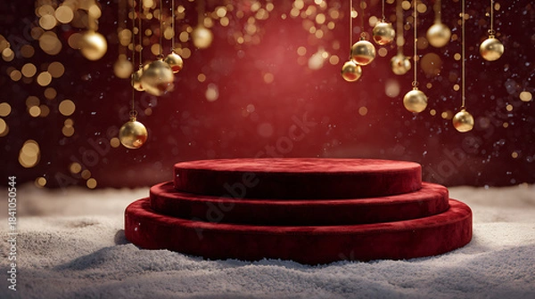 Obraz Luxurious Christmas display stage with red velvet and golden ornaments