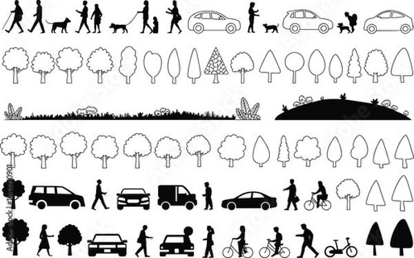 Obraz Silhouette people dogs cars trees and grass woman child