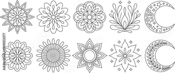 Obraz Ten black line art decorative elements sun moon floral