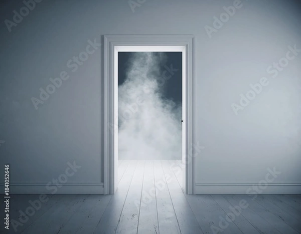 Obraz An open door reveals a misty, mysterious passage, beckoning with enigmatic allure in a surreal composition. 