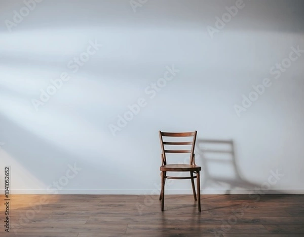 Obraz A solitary, vintage wooden chair cast a shadow against the pristine background, evoking a sense of calm and simplicity.