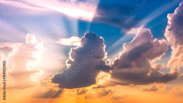 Obraz red sun rays with white smoke clouds with background