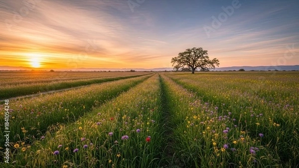Obraz Beautiful summer sunset over a green grass meadow in the rural countryside with sunlit clouds across the sky