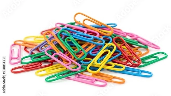 Obraz Colorful metal paper clips in red, green, blue, and yellow are isolated on a white background for office and school supplies