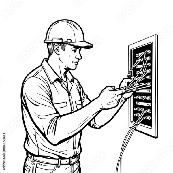 Fototapeta Electrician connecting wires in control panel, electrical maintenance and safety in workplace