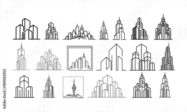 Fototapeta Collection of minimalist line art city skyline building illustrations.
