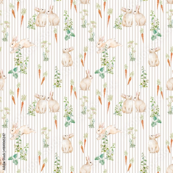 Fototapeta Watercolor seamless pattern with cute bunnies, carrots and green herbs on beige stripes. Hand-painted spring design perfect for nursery wallpaper, Easter decor, fabric and wrapping paper.
